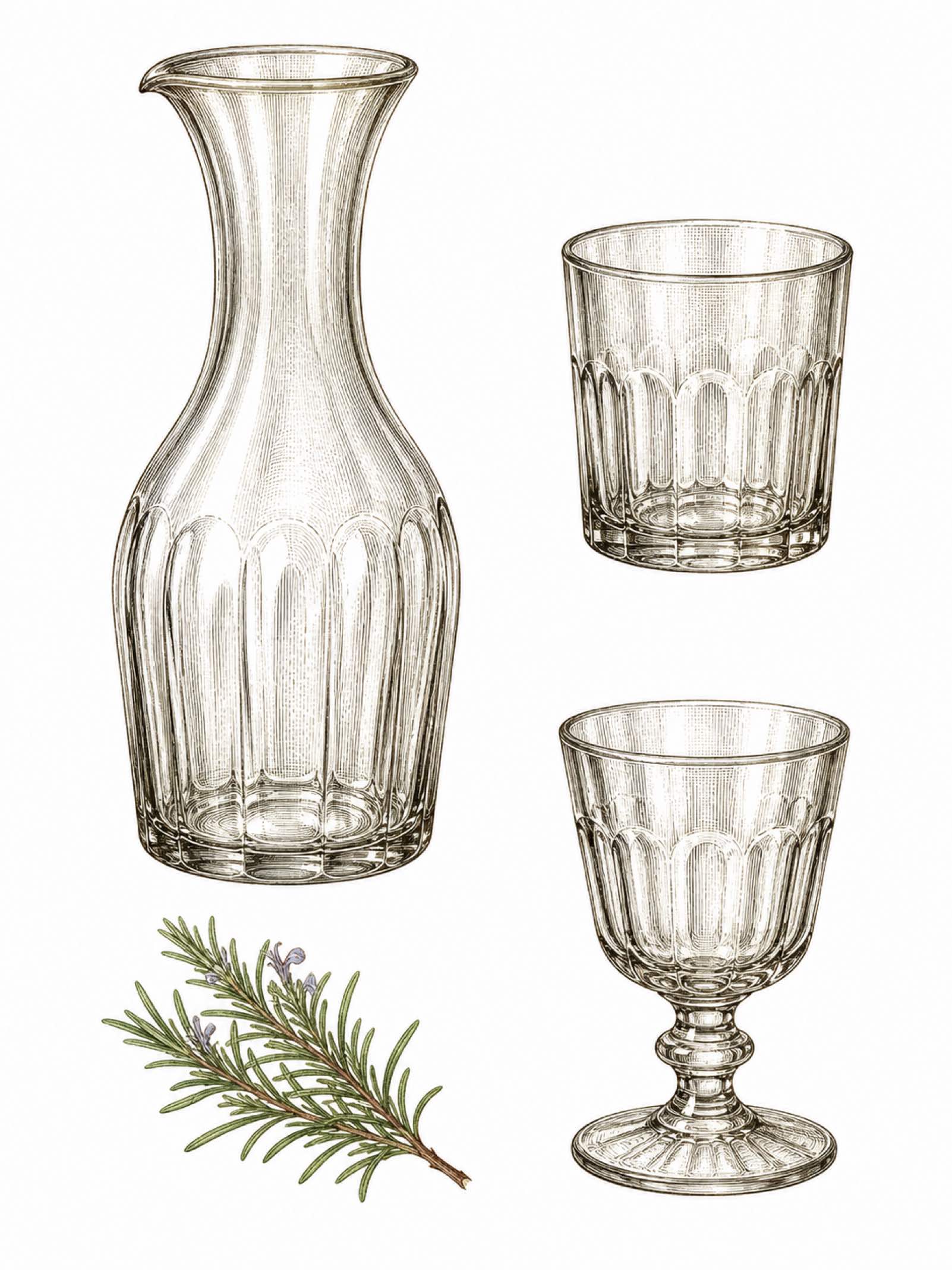 Botanisch studieblad met een karaf, twee waterglazen en een takje rozemarijn