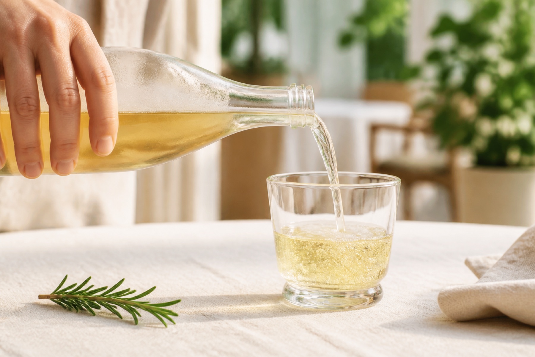 Hand schenkt een licht bruisende botanische drank in een laag waterglas op een lichte restauranttafel