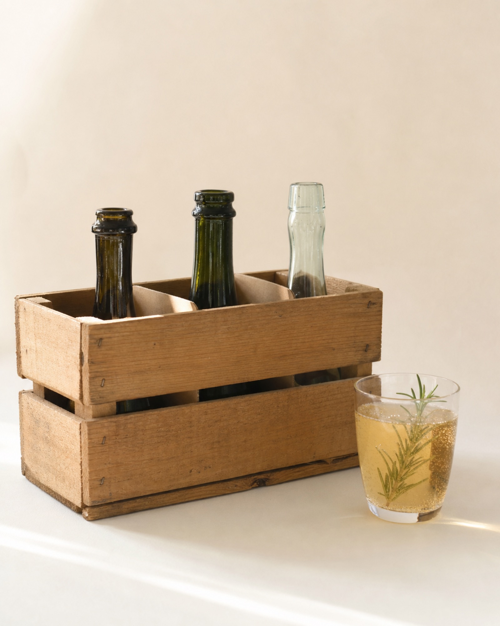 Houten transportkrat met verschillende fleshalzen en een glas licht bruisende botanische drank